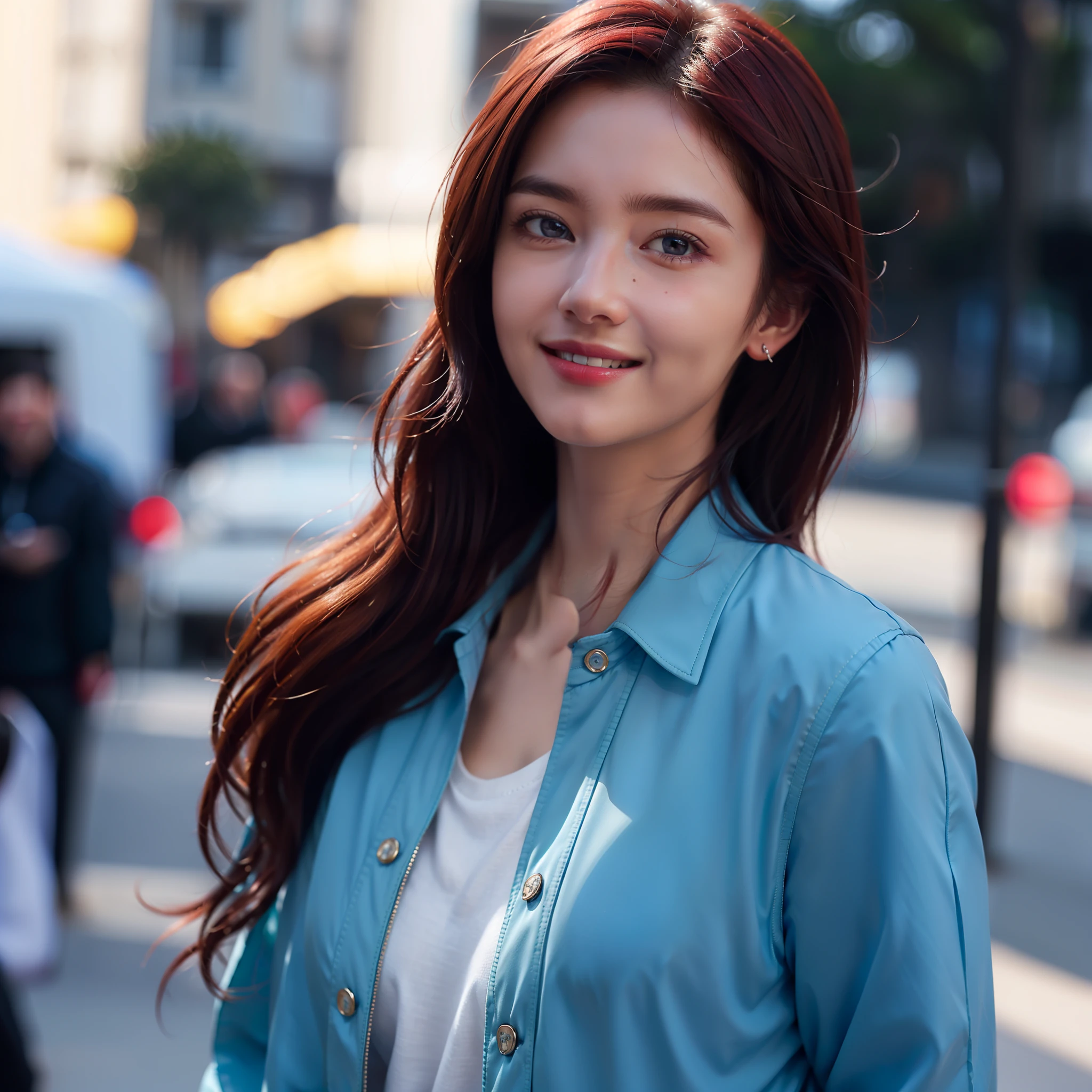 (best quality,8k,ultra-detailed,realistic),1girl,beautiful detailed eyes,beautiful detailed lips,long red hair,blue jacket,looking at smartphone camera,smiling,background of Hollywood,blurred background,blue blouse