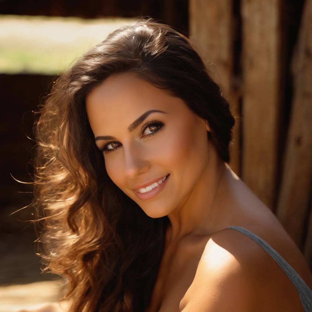 ((best quality)) high quality, Hyperrealism, realistic, ((round face shape)), ((intense brown eyes)), ((brown hair)), (latina), adult, sexy, flirting, smiling, (sitting on in barn), fully naked, (High skin detail), skin pores, film grain, (big ass), (woman)