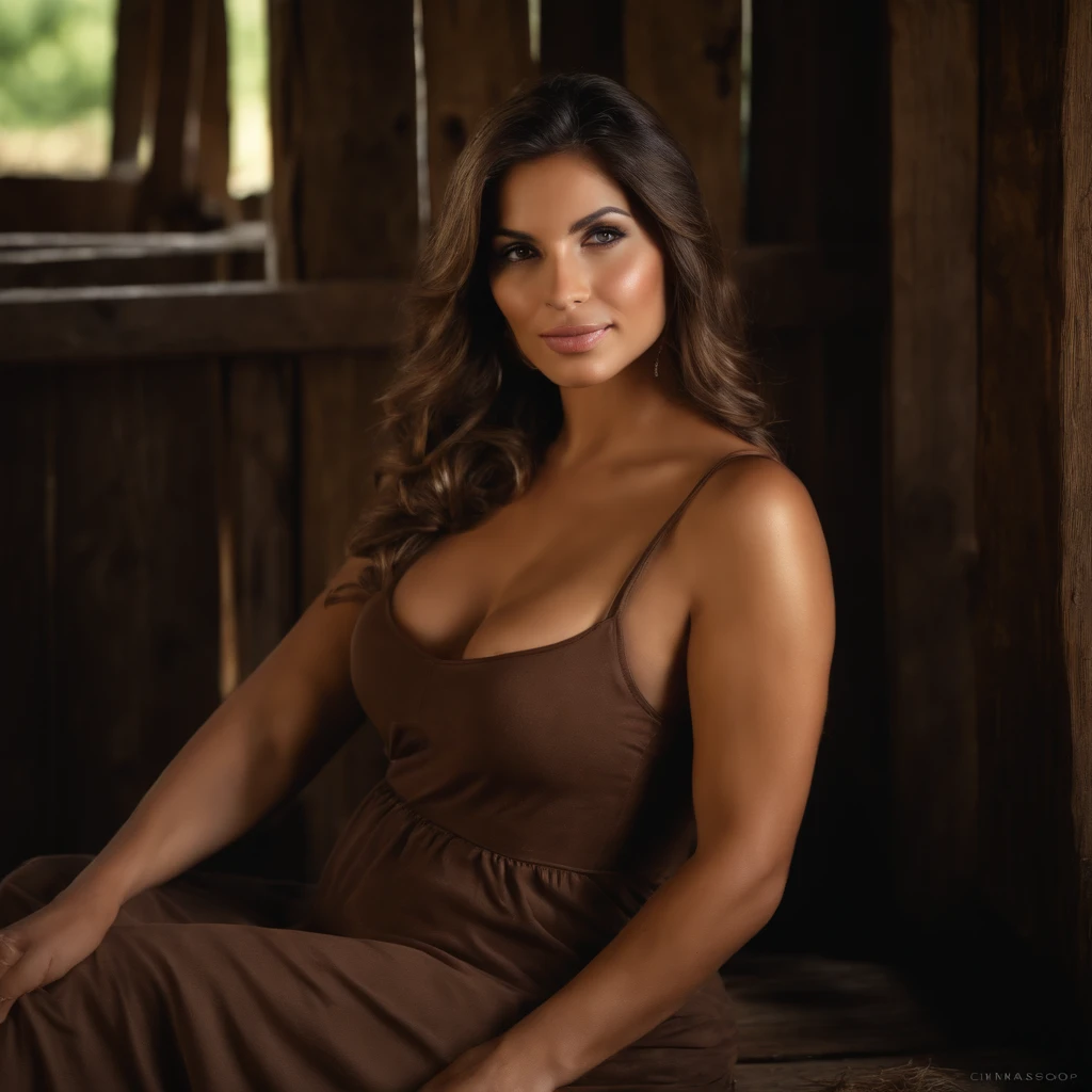 ((best quality)) high quality, Hyperrealism, realistic, ((round face shape)), ((intense brown eyes)), ((brown hair)), (latina), adult, sexy, flirting, smiling, (sitting on in barn), fully naked, (High skin detail), skin pores, film grain, (big ass), (woman)