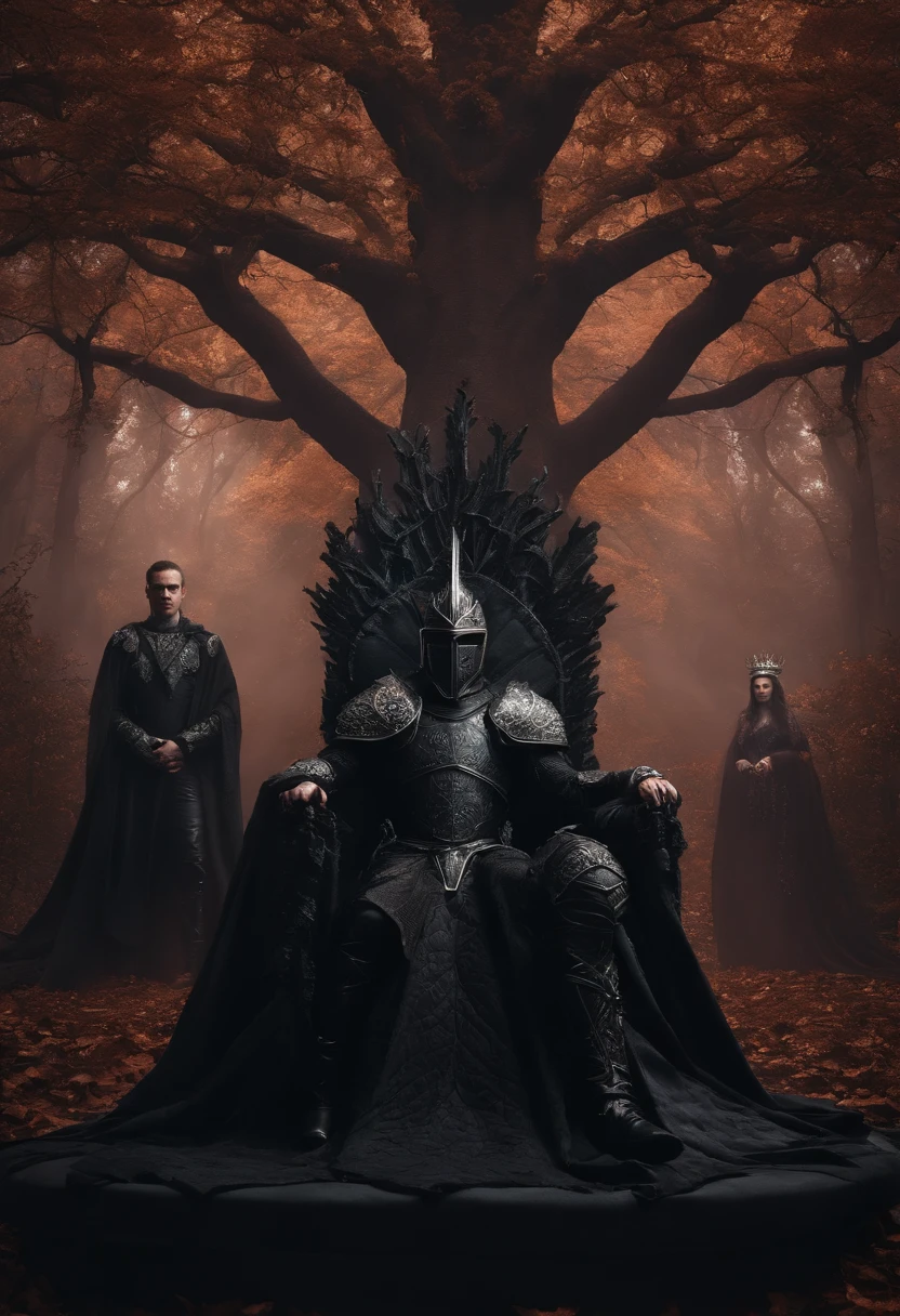 two dark kings and a queen, all dressed in black armor covered in darkness, all sitting on a large, single throne made from a gigantic mystical tree.