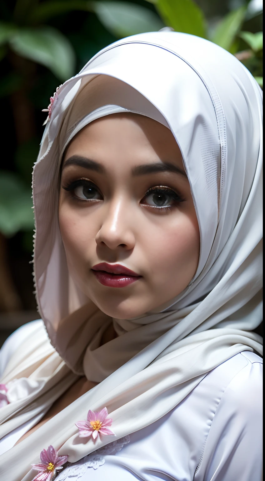 1 malay girl , modern plain hijab, shy, medium portrait shot , watery eyes ,droopy eyes, watery, lip glossy, sad face, ((big breast)), wear java wedding woman in kebaya , (big breast) , flower garden background, bokeh background, proportional body,