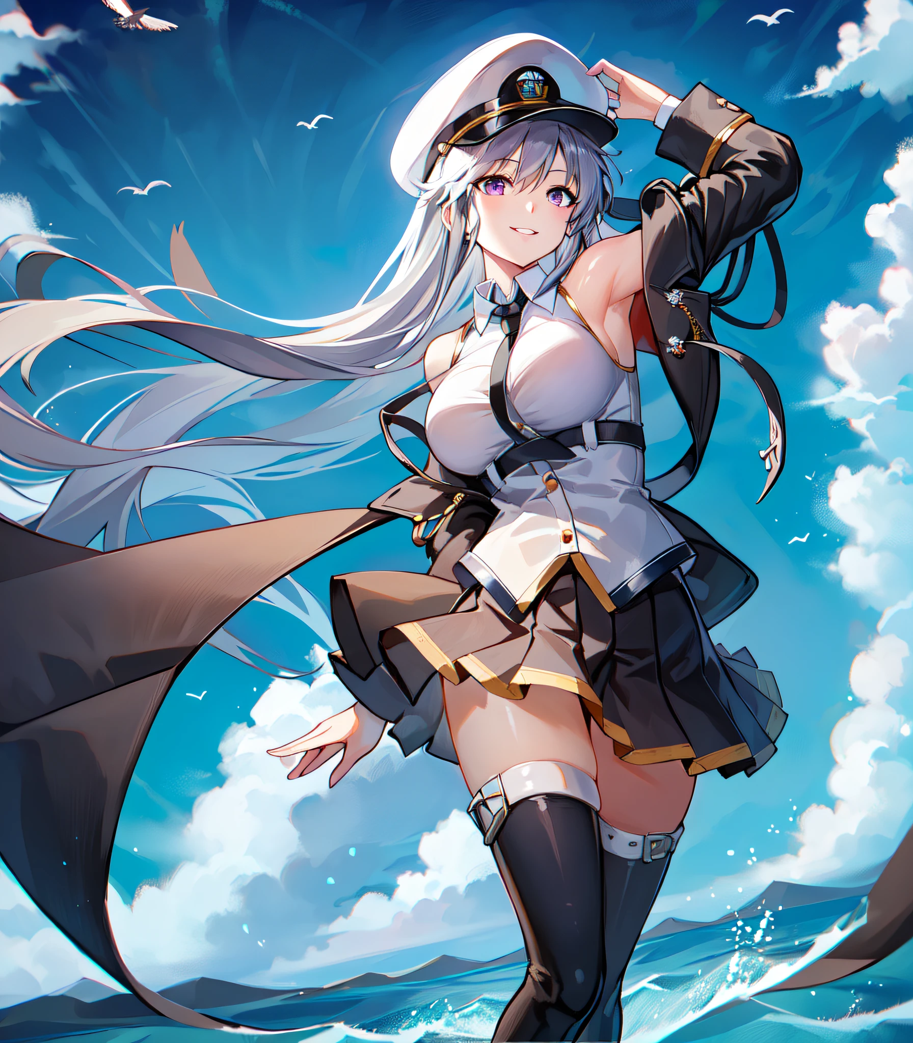 (((masterpiece, best quality, high resolution))),
OriginalOutfit, military uniform, 1girl, eagle, peaked cap, sky, flight deck, smile, ocean, cloud, breasts, day, solo, outdoors, looking at viewer, blue sky, very long hair, wind, large breasts, rigging, wind lift, hand on headwear, skirt tug, standing, underbust, cloudy sky, thigh boots,