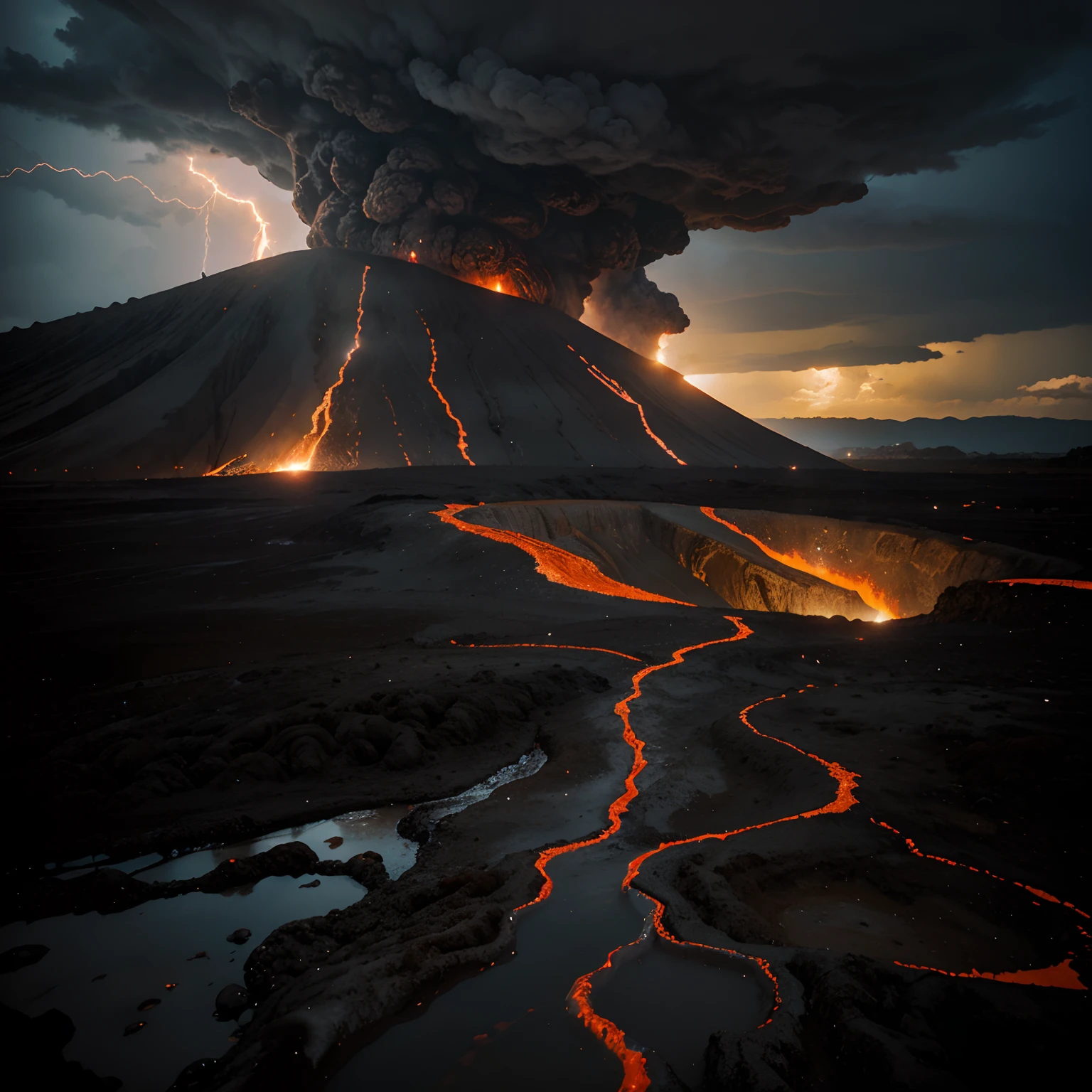 a photorealistic landscape picture of a volcano island erupting in the middle of the sea at night, volcano mountain (best details, Masterpiece, best quality :1.5), streams of lava, streams of lava hitting the sea (best details, Masterpiece, best quality :1.5), some smoke, high contrast, night time, stars, moon light, ultra best realistic, best details, best quality, 16k, [ultra detailed], masterpiece, best quality, (extremely detailed), ultra wide shot, photorealism, depth of field, hyper realistic painting, 3d rendering