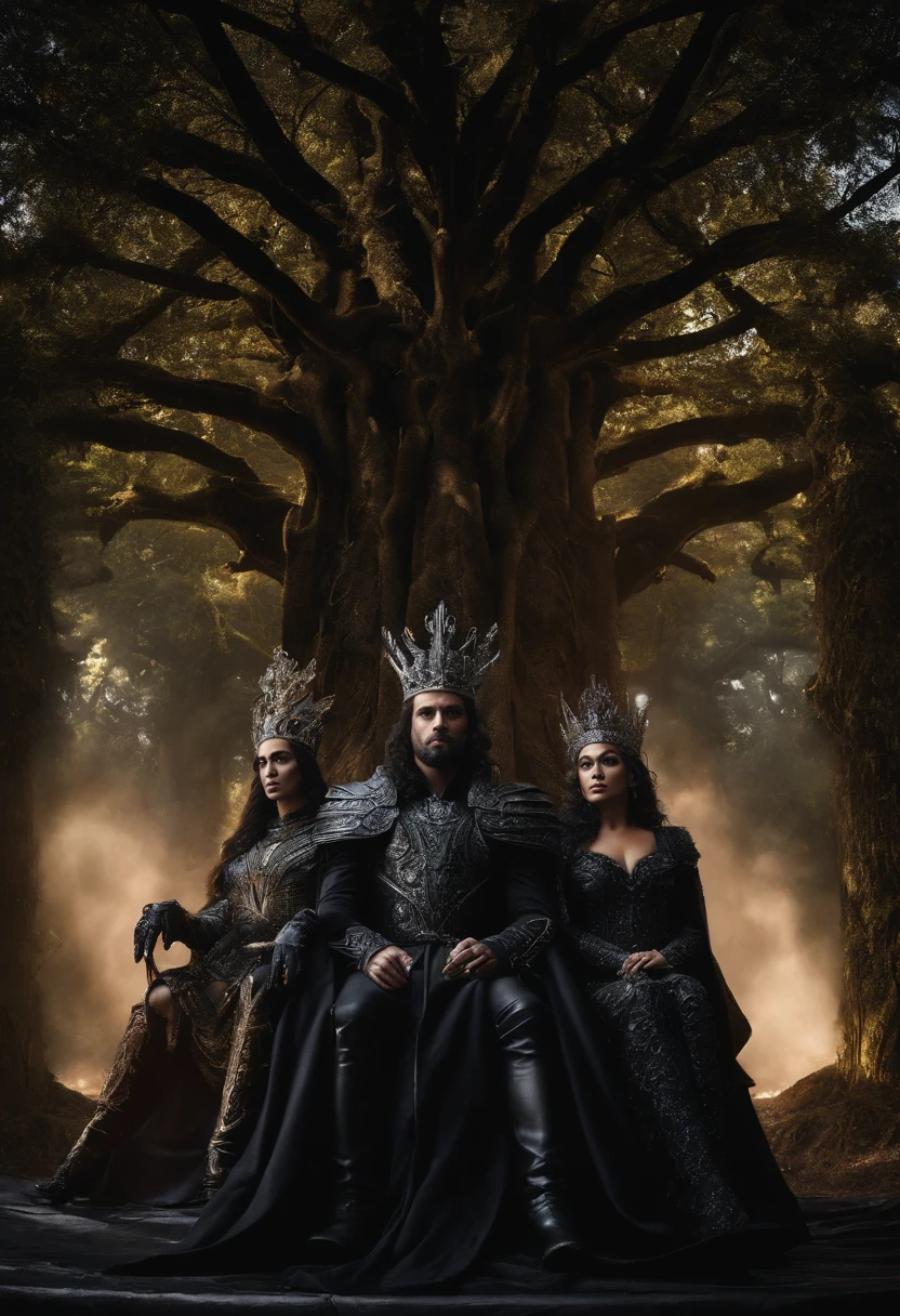 two dark kings and a queen, all dressed in black armor covered in darkness, all sitting on a large, single throne made from a gigantic mystical tree.