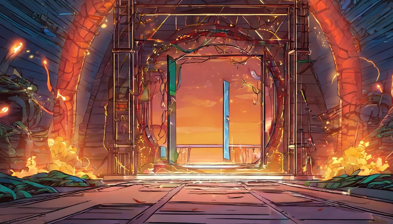 energy gate opening scene with wires on floor and electric sparks around the gate.