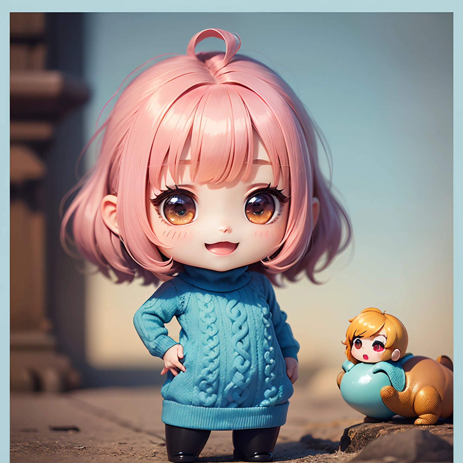 ​masterpiece、top-quality、ultra-detailliert、(Chibi Chara's Daughter:1.4)、Chibi Boutique、Light blue bob hair、(Redhound Tooth Court: 1.4), (Light Blue Turtleneck Sweater Dress:1.2)、Open your mouth and smile、Standing