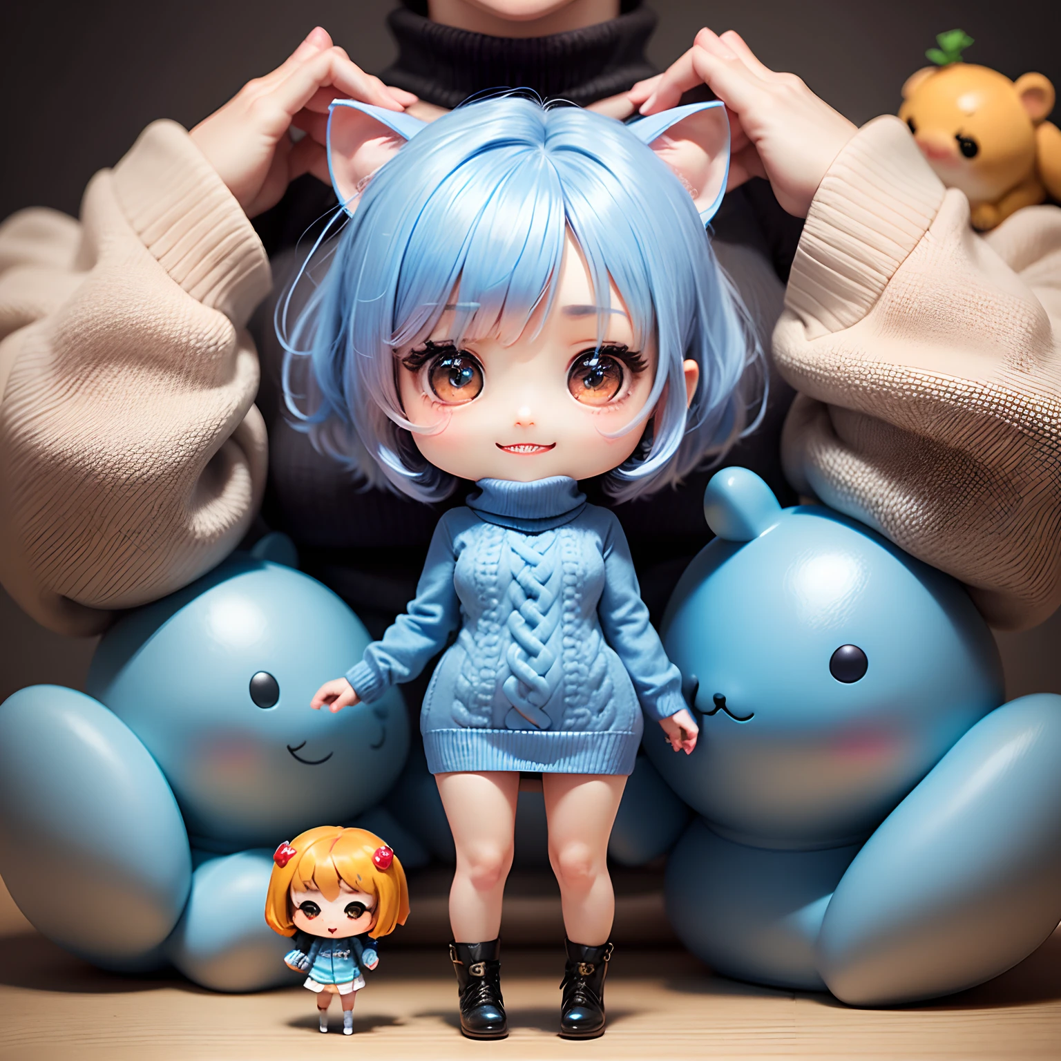 ​masterpiece、top-quality、ultra-detailliert、(Chibi Chara's Daughter:1.4)、Chibi Boutique、Light blue bob hair、(Redhound Tooth Court: 1.4), (Light Blue Turtleneck Sweater Dress:1.2)、Open your mouth and smile、Standing