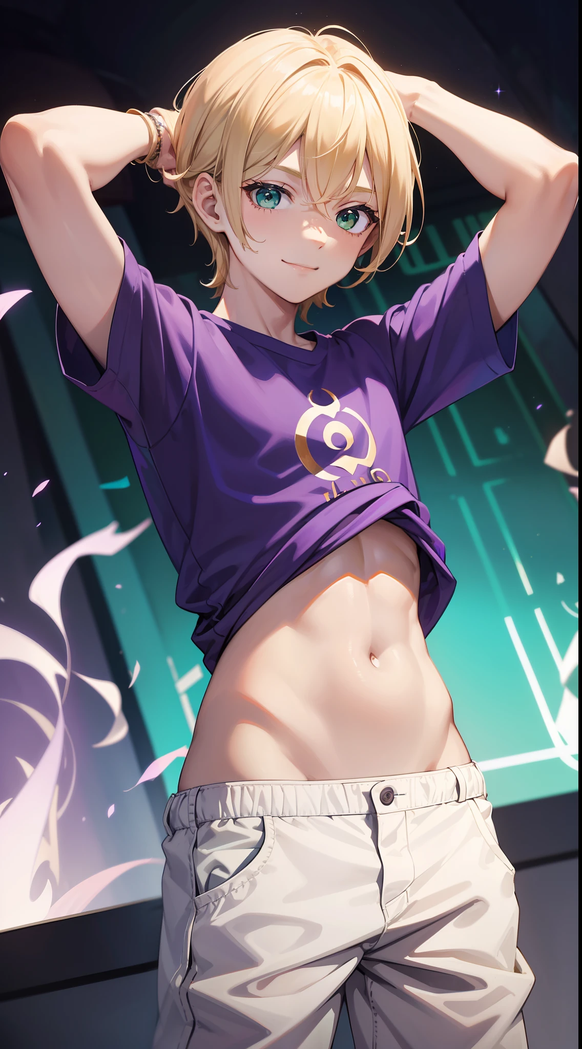 young boy, longue blonde hair, Green eyes, Purple T-shirt, White Elements, pants, open belly, hands behind head, Smile, Masterpiece, hiquality, 4k, HD, Good detail