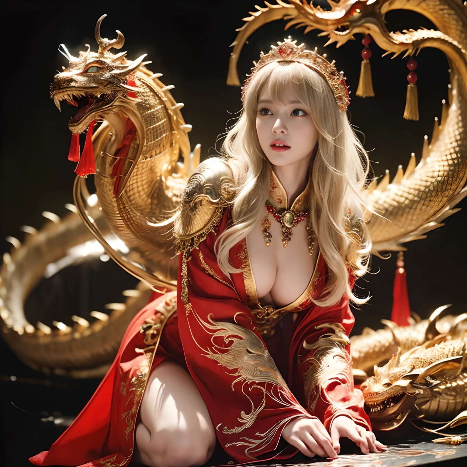 (Fight fiercely with dragons)、top-quality、masterpiece、超A high resolution、(White Dragon Armor)、dragon armor、(Wearing a beautiful crown made of jewels),(Photorealsitic:1.4)、Raw photo、1人、Golden hair、glowy skin、(((Chinese Dragon)))、(Gorgeous Jewelry Necklaces)、(Mystical expression)、(Fight big dragons)、With a beautiful knife、(White Metal Bodysuit)、(beautiful forest background)、Precipitous cliffs、(Small LED)、((super realistic details))、portlate、globalillumination、Shadow、octan render、(One-Eyed Scouter)、8K、ultrasharp、Colossal tits、Raw skin is exposed in cleavage、metals、Details of complex ornaments、Japan details、highly intricate detail、Realistic light、CGSoation Trends、Red Eyes、radiant eyes、Facing the camera、neon details、(Mechanical limbs)、(blood vessels connected to tubes)、Mechanical vertebrae attached to the back、mechanical cervical attaching to neck、(Wires and cables connecting to the head)、Gundam、Small LED、,Mechanical thighs、Toostock、(Hands are also made of machines)、(veils)、