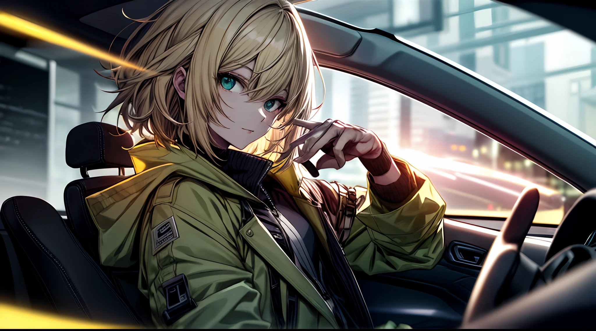 Driving、Bolides、a blond、Green peel coat