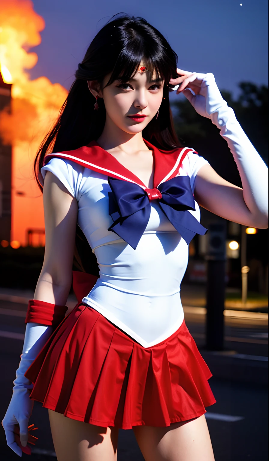 1girl,long hair, (high quality,8k,black hair, realistic, best quality,masterpiece,ultra detailed, absurdres)1.5,((sama1, tiara, sailor senshi uniform, white gloves, red sailor collar, red skirt)),night city,white gloves,Purple Bow,Purple eye, (magic world,fire),high high heels,nude show pussy