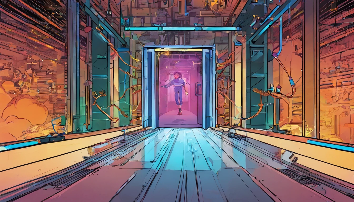 energy gate opening scene with wires on floor and electric sparks around the gate. blend of comic book art and line art in full natural colours.