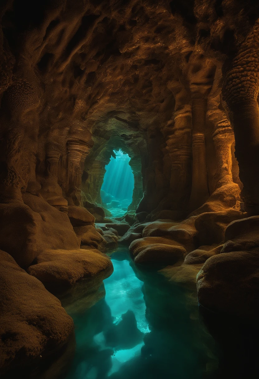 A labyrinth of translucent, bioluminescent crystals stretches across an underwater realm. The crystals emit a soft, iridescent light that reveals a myriad of exotic sea creatures swimming amidst the glowing corals. No horizonte, A Colossal Mother Shell, with encrusted pearls, Rises like a majestic underwater cathedral.
