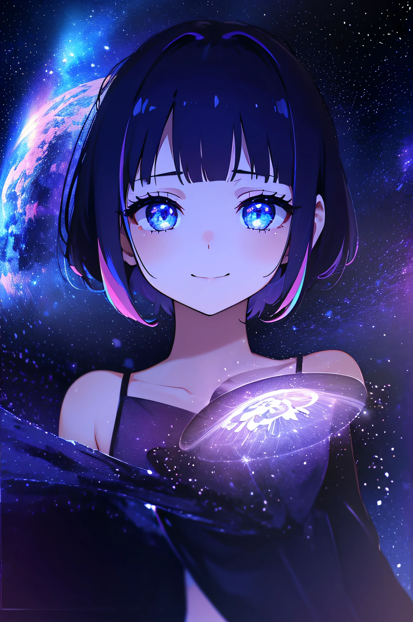 (masutepiece:1.3), (Best Quality:1.3), High resolution, Couboy Shot, on back, Sleeping, (One Cute Girl:1.3), Solo, White skin, tiny chest, huge smile、Circle of Angels、Angel Ring、eight-headed person, Purple hair, (bobhair:1.2), Mixed mesh and light blue、Short hair, (Blunt bangs:1.2), Beautiful hair, Eyes are purple, Beautiful detailed eyes, ultradetailed eyes、Sparkling eyes、octans,cloud,Colorful starry sky,Stars,Iridescent aura around the eyes、Iridescent eyes、Fine eyes to be sucked in,Wearing a rainbow-colored aura from the whole body、purpleish color, Outdoors, Purple background, Shadow lighting,perfectbody