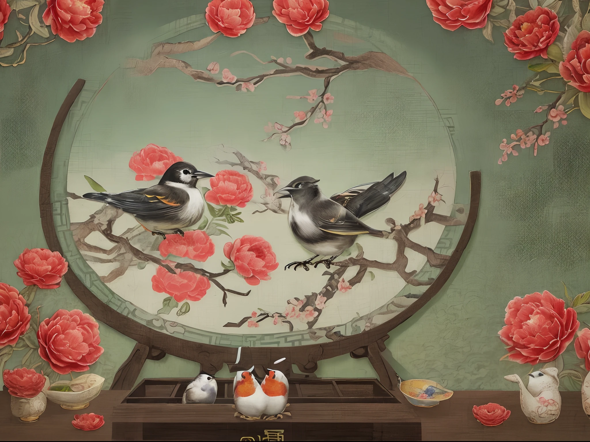 Traditional chinese painting，Meticulous，peony flower，birds and flowers，Oriole。