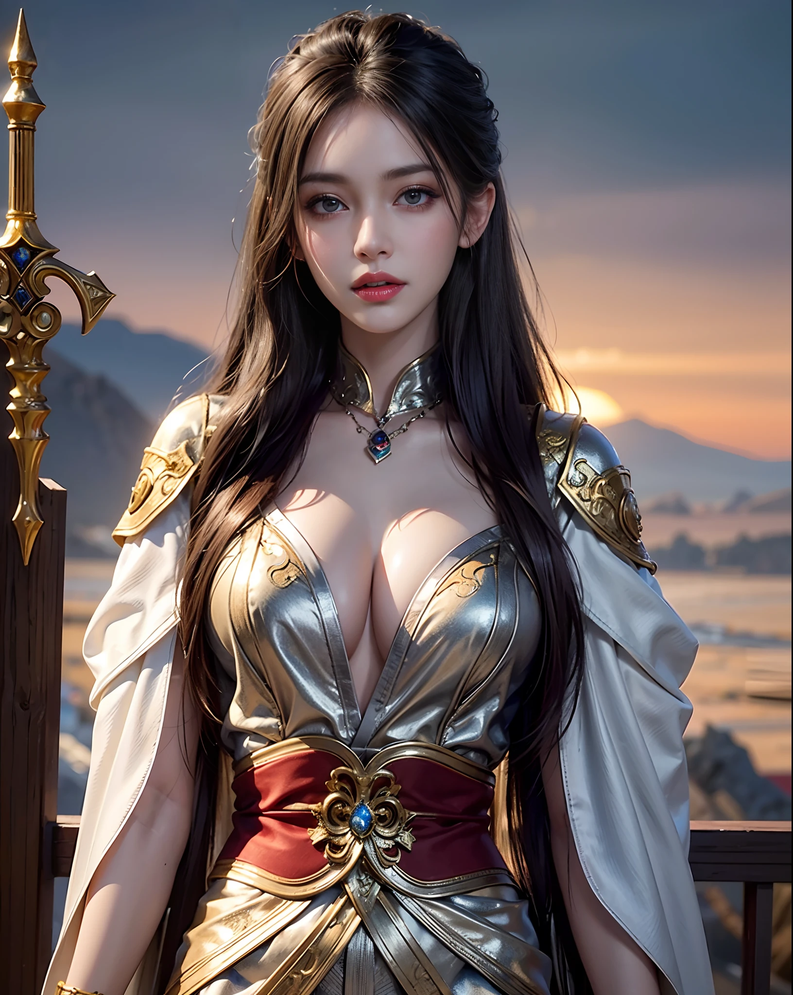 extremely beautiful young lady, subtle makeup, golden hour, photorealistic, high contrast, 8k HD, detailed, hyper-detailed, realistic skin texture, long dark hair, big breast, best quality, ultra high res, raw photo, dramatic lighting, unreal engine, diffuse glow intricate silver eaba, white imperial cape, spear, sword, no helm