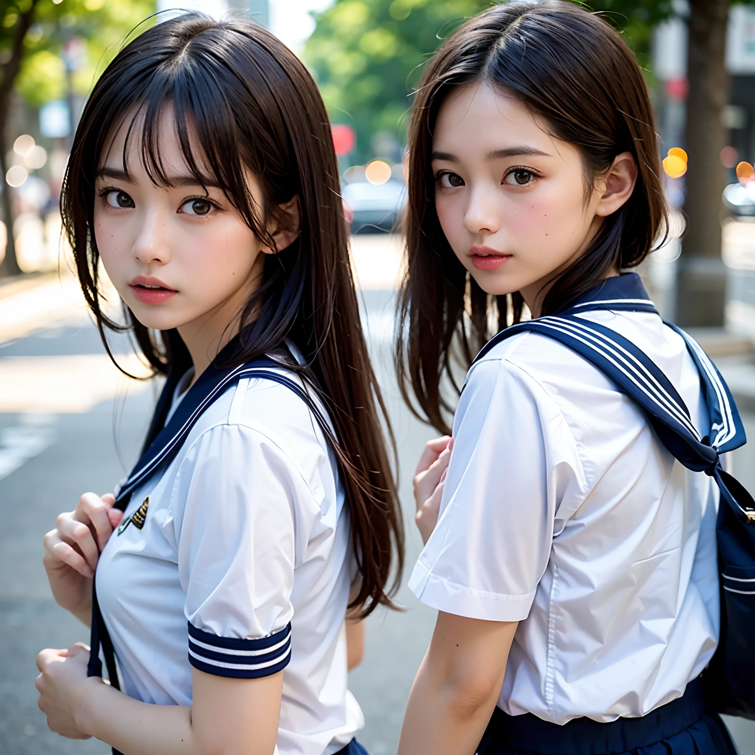 (masutepiece, Best Quality:1.2), 8K, Official art, Raw photo, Full Bord Bill Four、cute butt、Back angle、Two Beauties、On the way to take off the uniform、turned around、skinny、14years、small tits、unbelievable Ridiculous, (Upper body, 校服、a sailor suit:1.4), Beautiful Girl, Pretty Face, arching back down,、Gold hair ornament on hair、close up, Sailor Suit, Short sleeve, violaceaess, Teen, Street, Looking at Viewer, Film grain, chromatic abberation, Sharp Focus, face lights, Dynamic lighting, Cinematic lighting, Eyes and faces with detailed, Bokeh background,