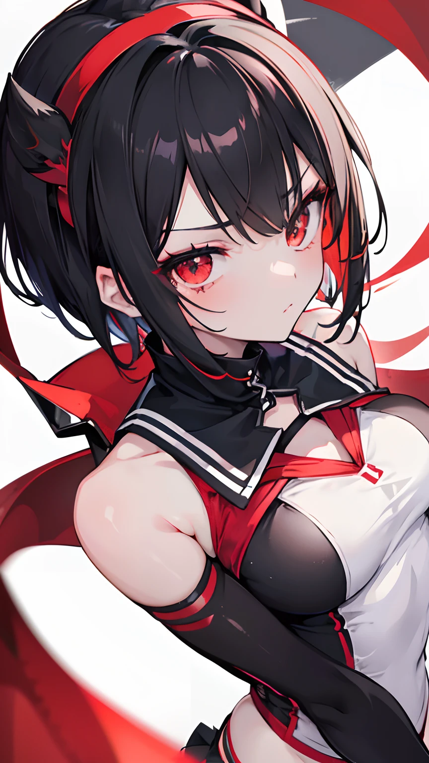 Insane details, Anime style, Upper half body, Young and captivating loli, sports chic black short hair, striking reddish horns, a crimson headband, mesmerizing red ringed eyes, and an alluring, minimalistic school uniform. Her enigmatic charm is enhanced by a sleek tail, exuding elegance and allure.