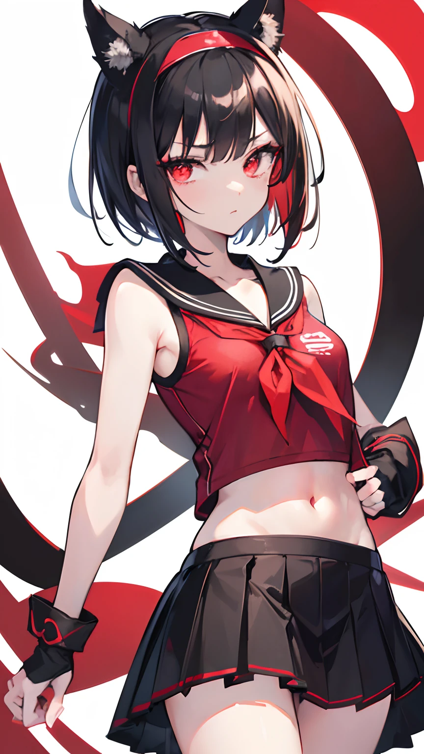 Insane details, Anime style, Upper half body, Young and captivating loli, sports chic black short hair, striking reddish horns, a crimson headband, mesmerizing red ringed eyes, and an alluring, minimalistic school uniform. Her enigmatic charm is enhanced by a sleek tail, exuding elegance and allure.