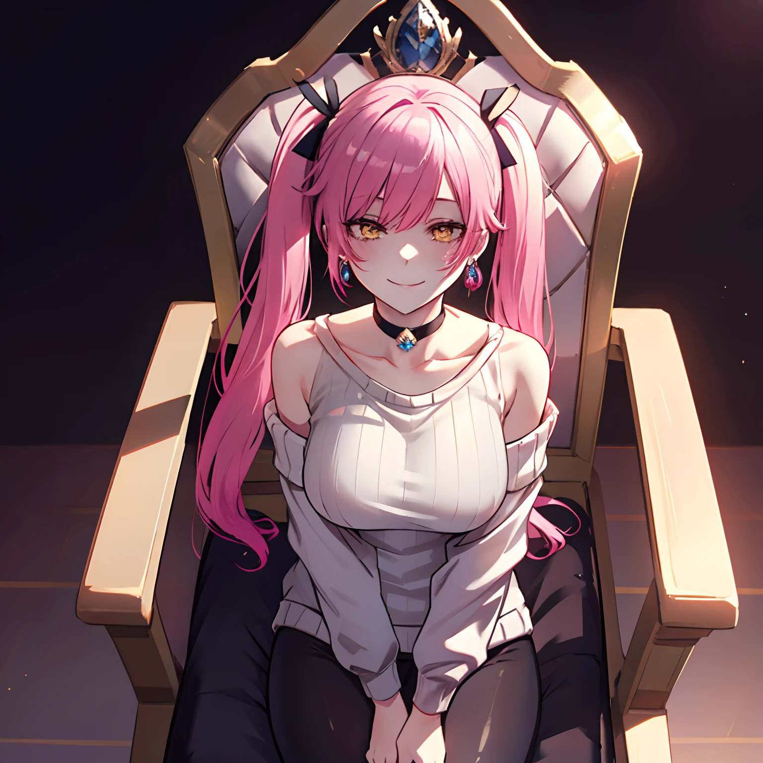 1 girl, yellow eyes, twintails hair, long hair, pink hair, medium breasts, medium ass, smile, Happy, Hairpins, Choker, smile, happy face, arrogant expression, Earrings, Leggings, light gray sweater with off shoulders, pink coat , throne, royalty, dimly lit, light from above focused on the character, dimly lit dark background, ultra detailed, 8K wallpaper, reflection light, ray tracing, realistic, front view