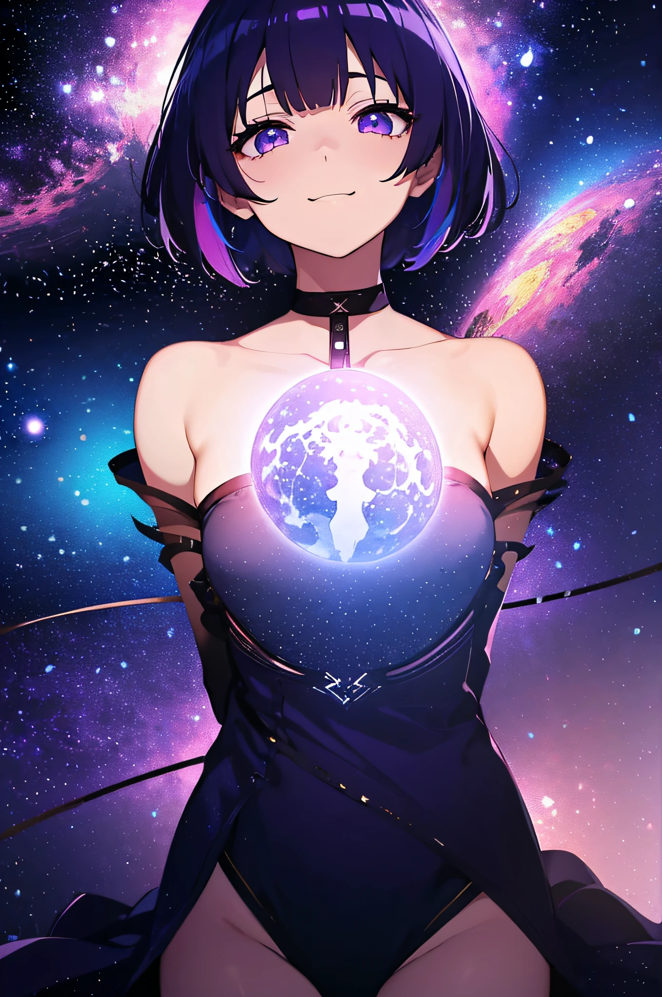 Purple girl on an alien planet between the North Star and the Big Dipper