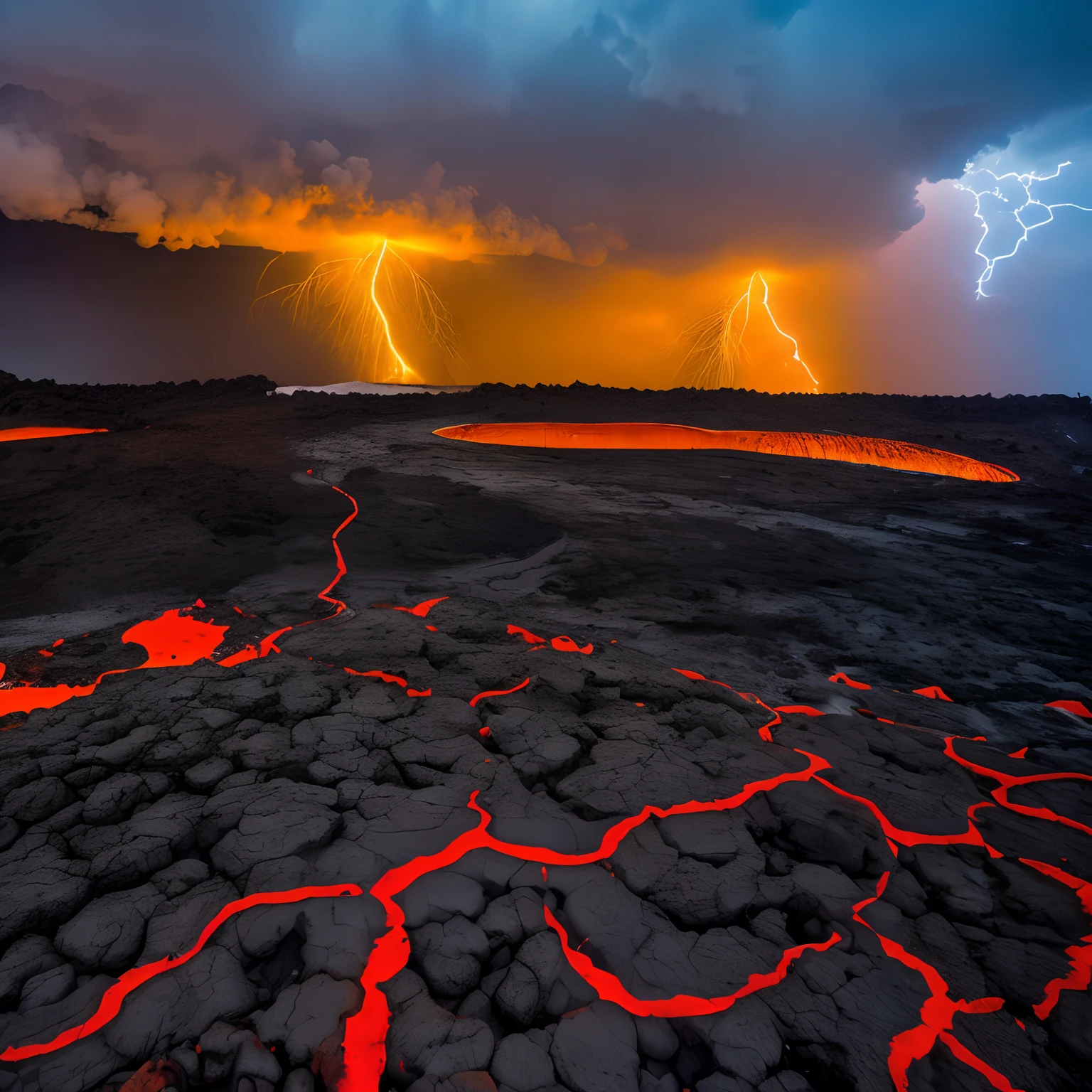 finest image, detailed and delicate depiction, large volcanic eruption, muddy lava, background cloudy, black rain, raindrops, thunder, lightning