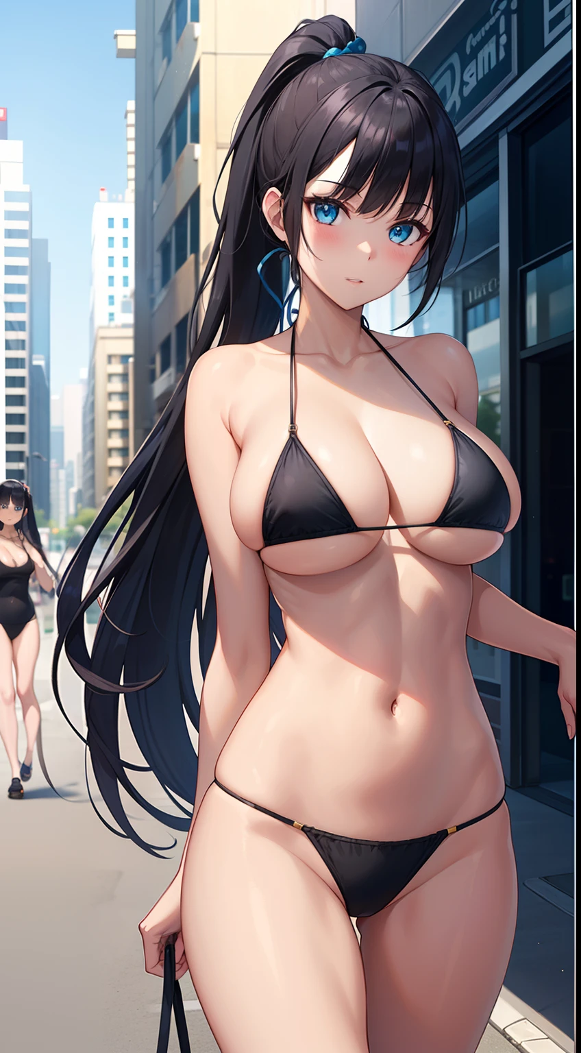 Beautiful girl with black high ponytail and full bangs and blue eyes and black string  and light skin tone and walking in the city and big 