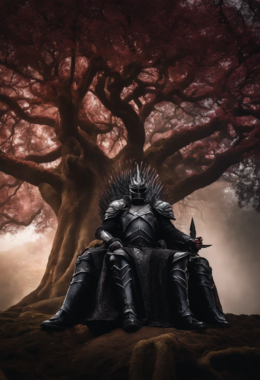 two dark kings and a queen, all dressed in black armor covered in darkness, all sitting on a large, single throne made from a gigantic mystical tree.