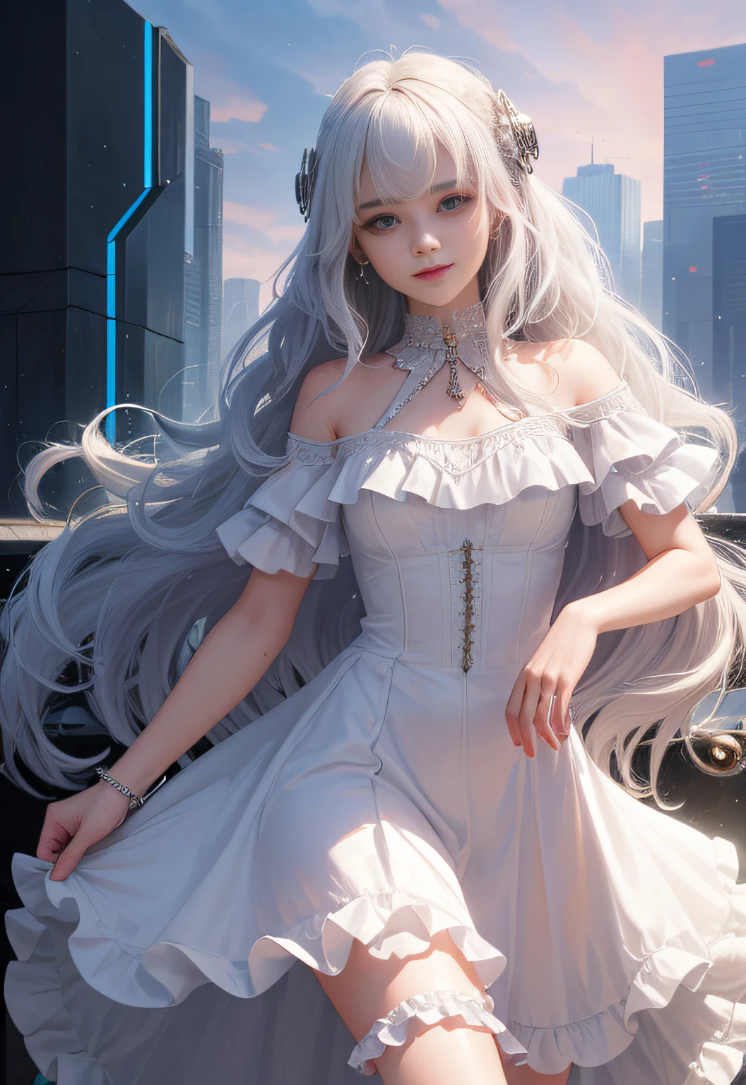 (Ultra-high quality masterpiece，cute -yeld gifull body, small breast, long wavy hair with bang，Large curly white hair at the end，The eyes are shiny and clear, purple eyes, smiling, Sweet face, white frill gown, cable ornament，cyberpunk jewelry，Ultra-fine details，Soft lighting, background in digital world, bright light.)