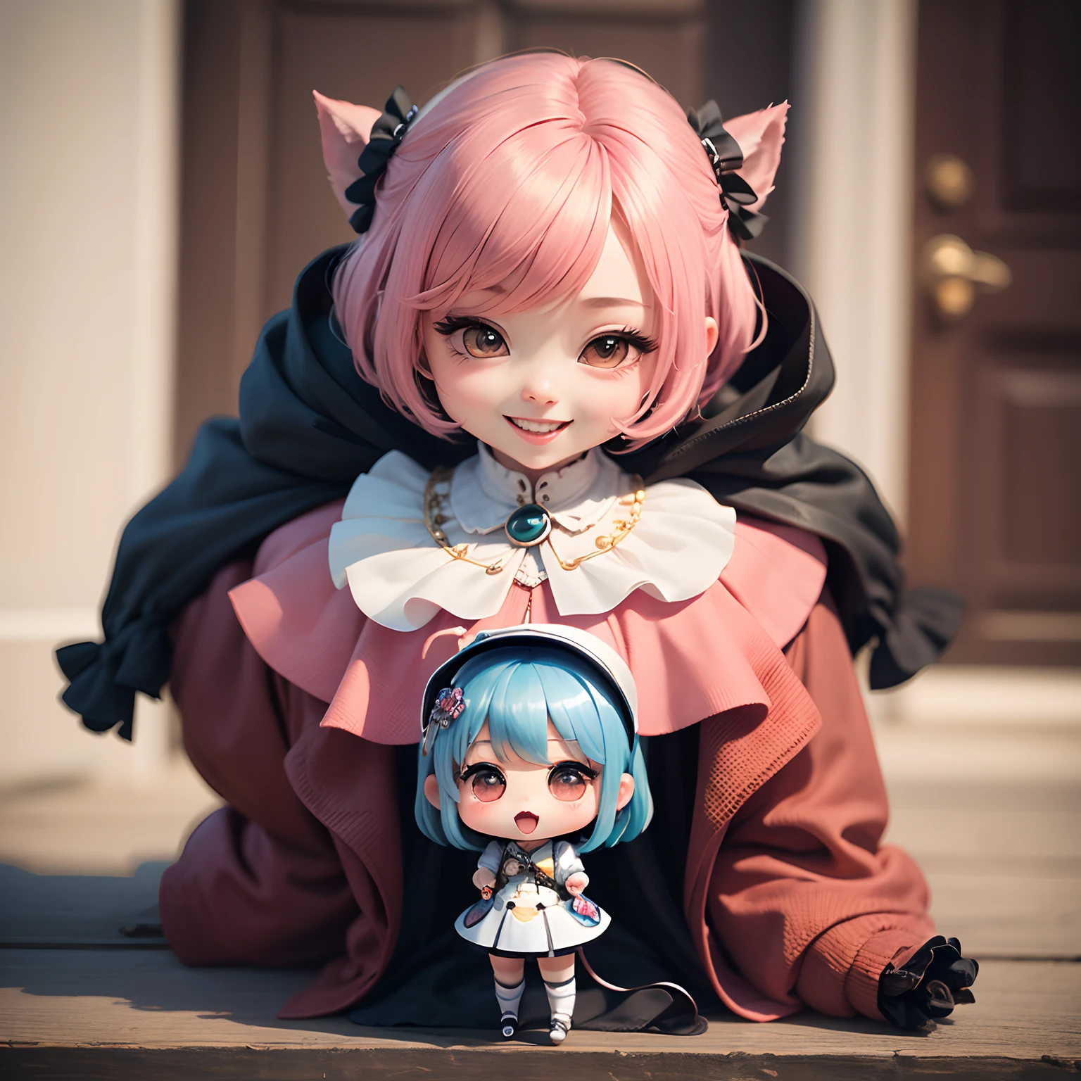 ​masterpiece、top-quality、ultra-detailliert、(Chibi Chara's Daughter:1.4)、Chibi Boutique、Light blue bob hair、(Redhound Tooth Court: 1.4), Open your mouth and smile、Standing