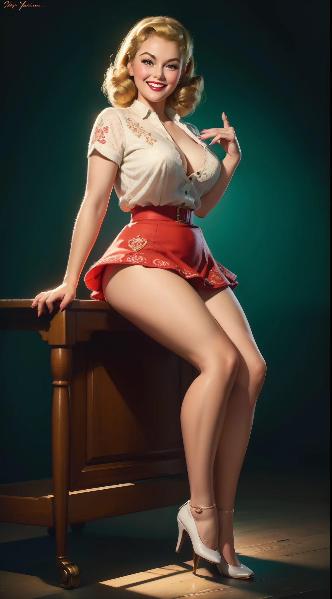 (masterpiece:1.4), (best quality:1.4), retro vintage pin-up style, extremely detailed, intricate, hyper-detailed, illustration, soft lighting, 20 years old pin-up girl, 60's retro style, Blonde hair, doted skirt, bend over, grin, (perfect_face), sitting on the bad, ornate, intricate, dramatic lighting, 4k, detailed_background,  full_body, digital_illustration