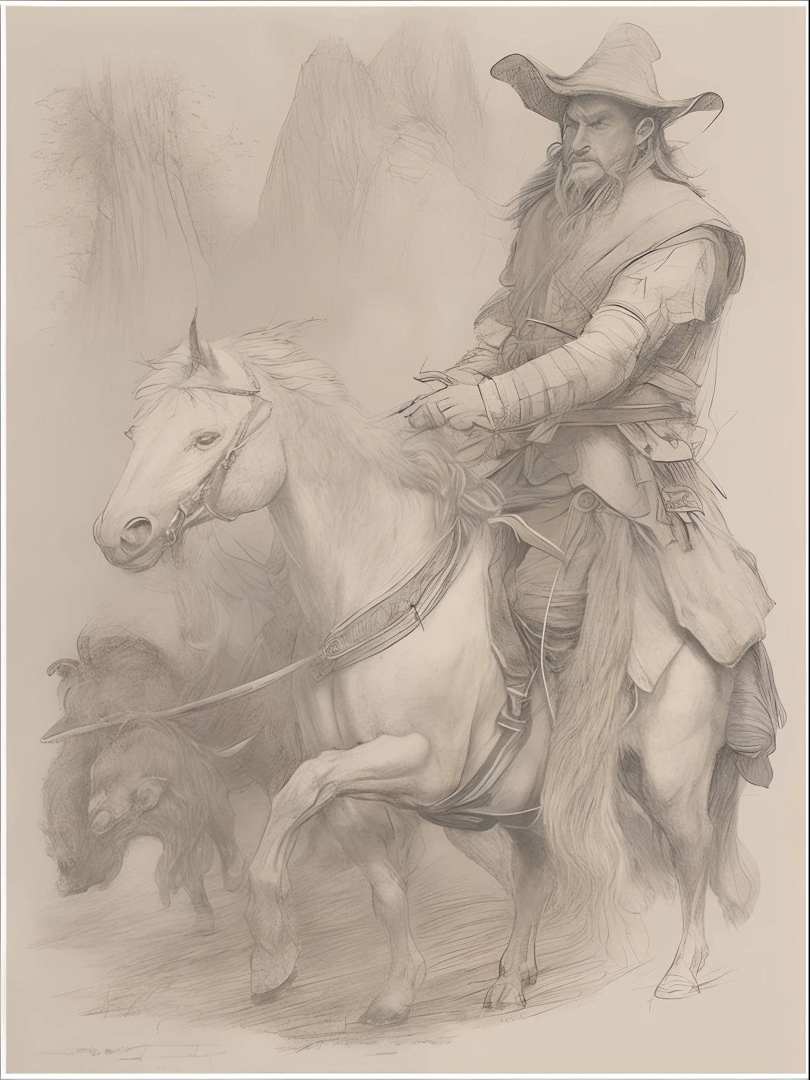 a drawing of a man with a staff and a bunch of animals, by Balázs Diószegi, inspired by Alan Lee, epic pencil illustration, style of alan lee and john howe, by Tadeusz Pruszkówski, inspired by John Blanche, by Andrzej Wróblewski, lord of the rings concept art