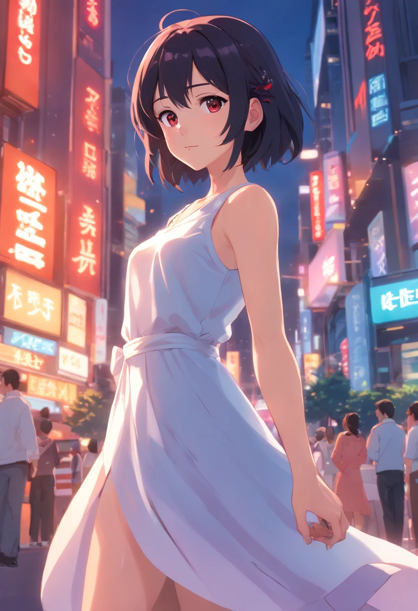 Caricatura detallada, Young white girl with black straight hair and crimson eyes, piel blanca de porcelana, Cuerpo completo, pechos grandes con vestido blanco de gala, alta calidad, High resolution, 8k, Disco duro, (Well-designed body), Amazing body, (Super detailed), Hermosos ojos, ultra detallado, ultraealista