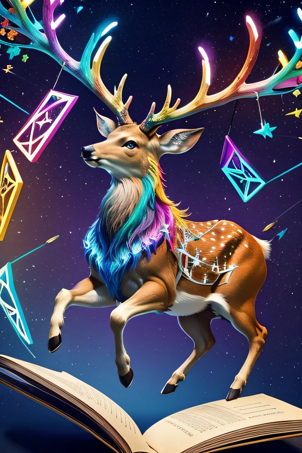 Colorful stag,Jump out of an open book,Books are suspended in the air,Colorful runes on the deer,sci-fy,gorgeous color