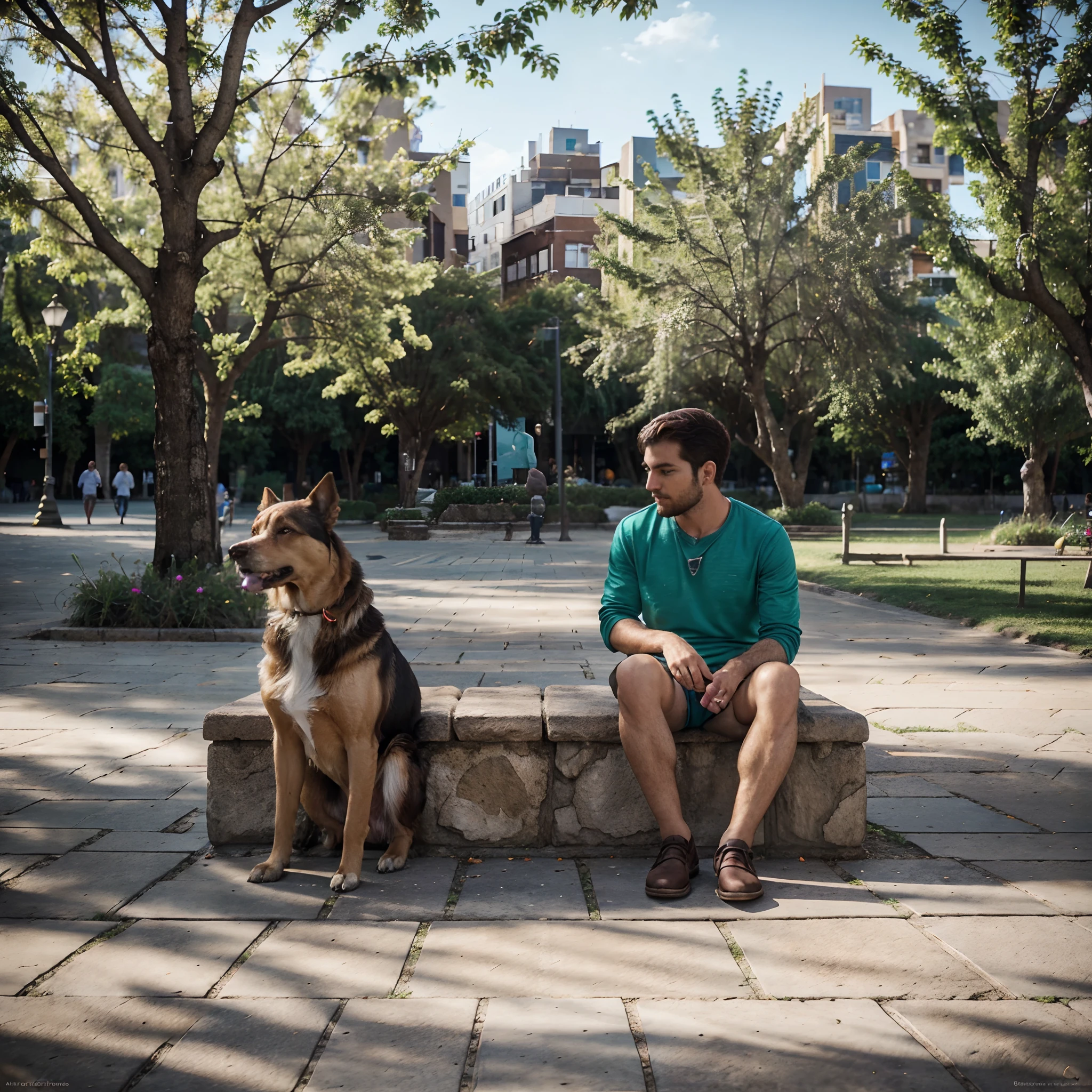 Man sitting in the square looking at the landscape with his dog, esquete, circunstanciado, cores vibrantes, peaceful atmosphere, dia ensolarado, park scenery, Detailed dog, Realistic, Altas, Bokeh, natural lighting, More vivid and realistic details