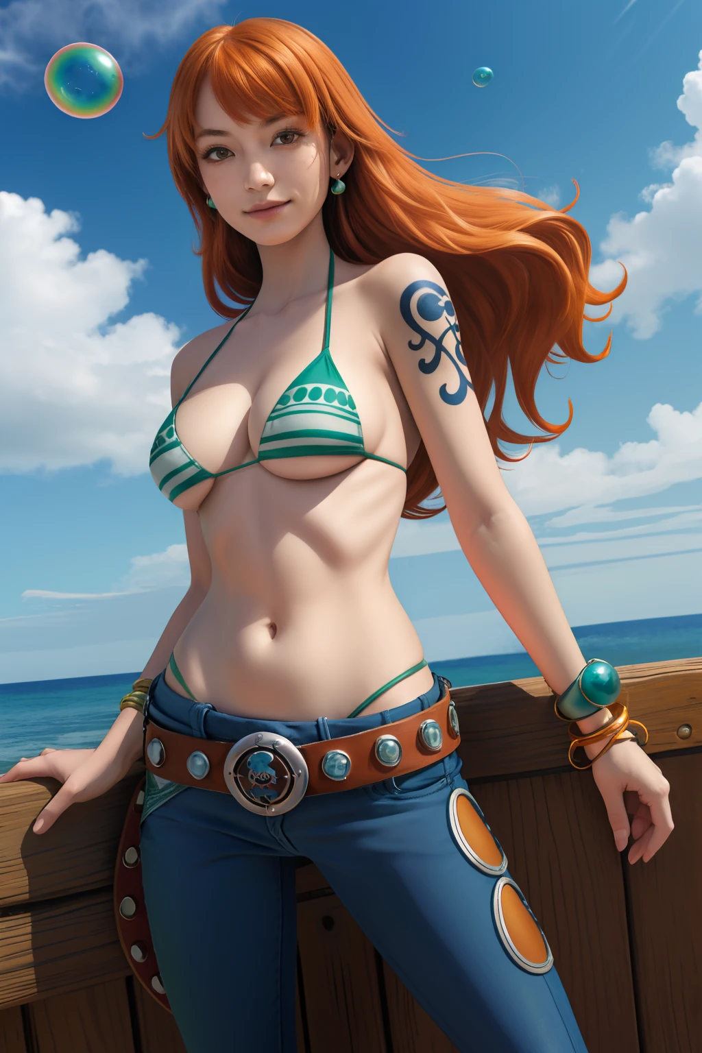 detailed background, masterpiece, best quality, 1girl,solo, nami \(one piece\), 1girl, bangle, bangs, bare shoulders, belt, bikini, bikini top only, blue sky, bracelet, breasts, brown eyes, bubble, cloud, cowboy shot, day, denim, earrings, floating hair, green belt, green bikini, groin, jeans, jewelry, large breasts, log pose, long hair, looking at viewer, navel, orange hair, pants, shoulder tattoo, sidelocks, sky, solo, standing, swimsuit, tattoo , looking at viewer,whale tail ,thong,(smile:0.8), looking back at viewer