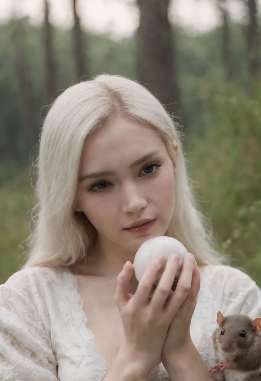 Thailand girl, pale skin, White long hair, holding a rat in his hands, There is blood on the cubes, fingers covered in blood, Gloomy dark marshland, dark moss, high grass, swamp, the night , moon light, nightfall, The dark atmosphere of a thriller, big boobs, naked