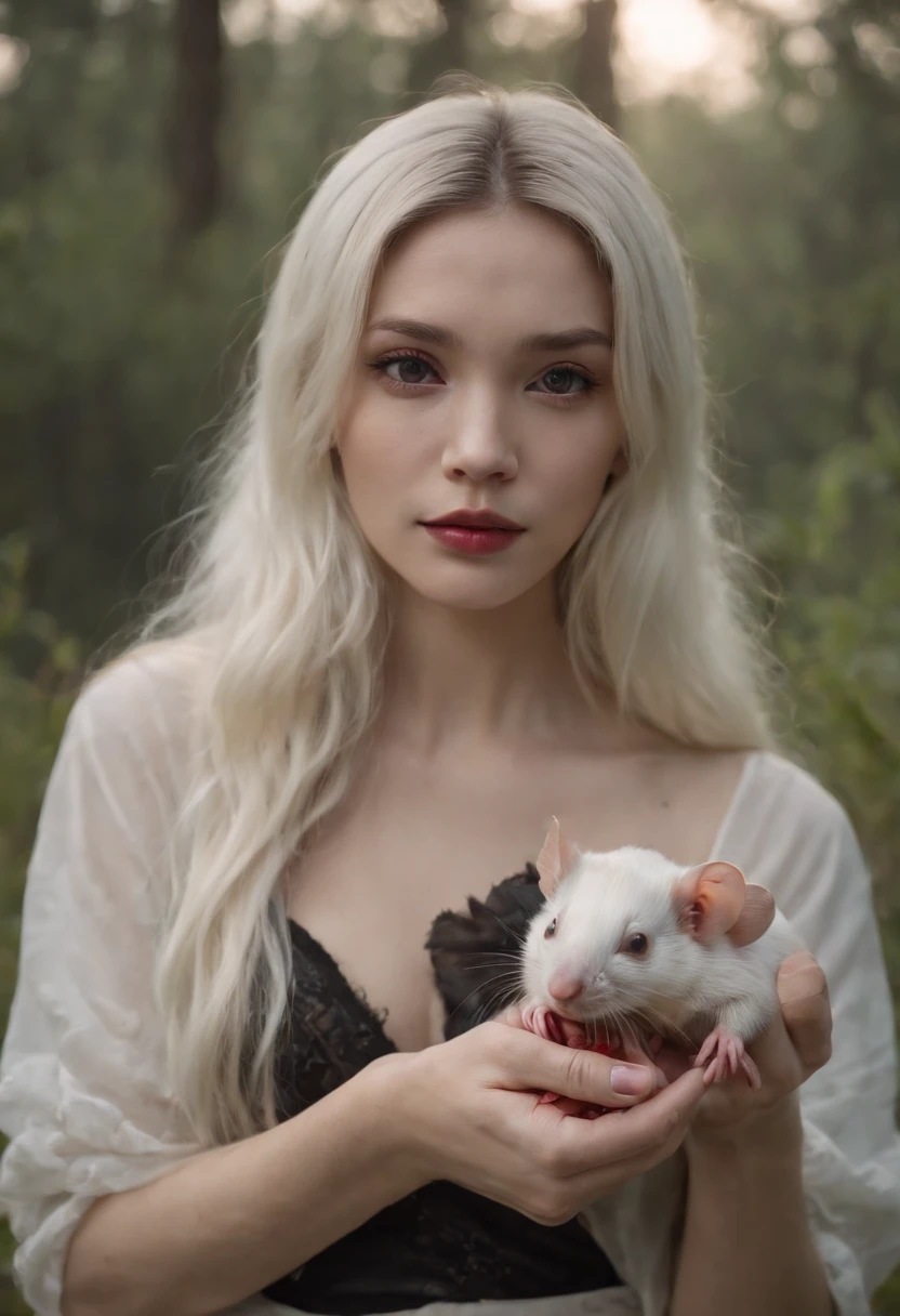 Thailand girl, pale skin, White long hair, holding a rat in his hands, There is blood on the cubes, fingers covered in blood, Gloomy dark marshland, dark moss, high grass, swamp, the night , moon light, nightfall, The dark atmosphere of a thriller, big boobs, naked