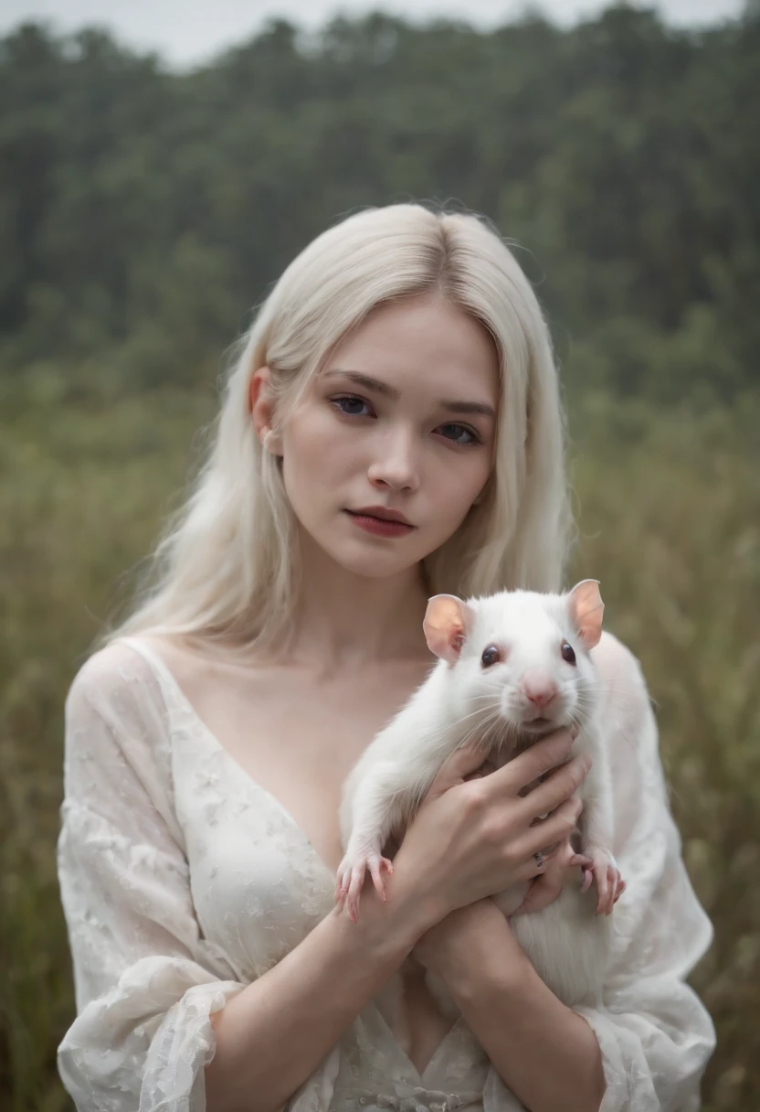Thailand girl, pale skin, White long hair, holding a rat in his hands, There is blood on the cubes, fingers covered in blood, Gloomy dark marshland, dark moss, high grass, swamp, the night , moon light, nightfall, The dark atmosphere of a thriller, big boobs, naked