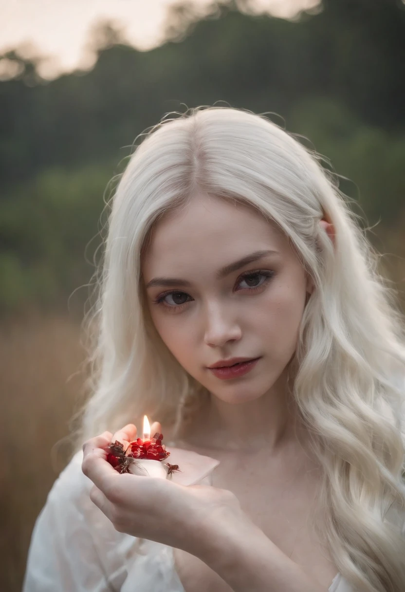 Thailand girl, pale skin, White long hair, holding a rat in his hands, There is blood on the cubes, fingers covered in blood, Gloomy dark marshland, dark moss, high grass, swamp, the night , moon light, nightfall, The dark atmosphere of a thriller, big boobs, naked