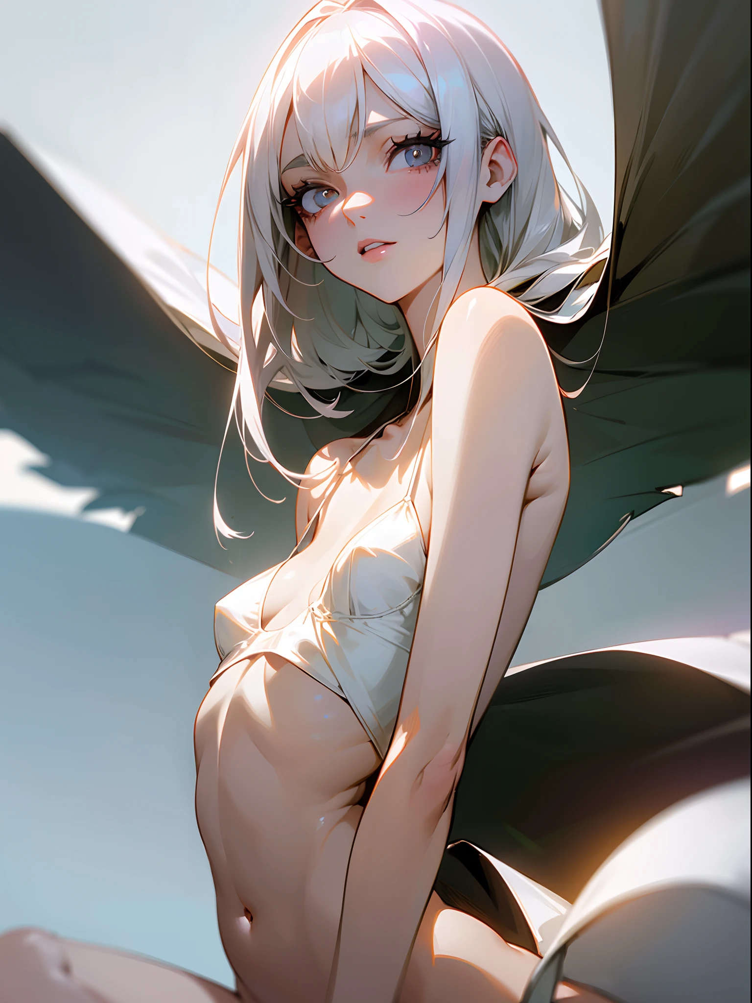 absurderes, (masutepiece, Best Quality, insanely detaileda),8K,Sharp Focus , flat-colors, Cinematic Angle,1 beautiful pale woman,deadpan, Hollow eyes,long eyelashes,well-shaped nose,Glossy lips,Front view,Look at viewers,fractral,The upper part of the body、White bra、Navel、Crystal clear white skin、Decadent,Hyper realistic,Professional Lighting ,Perfect Anatomy , Approaching perfection