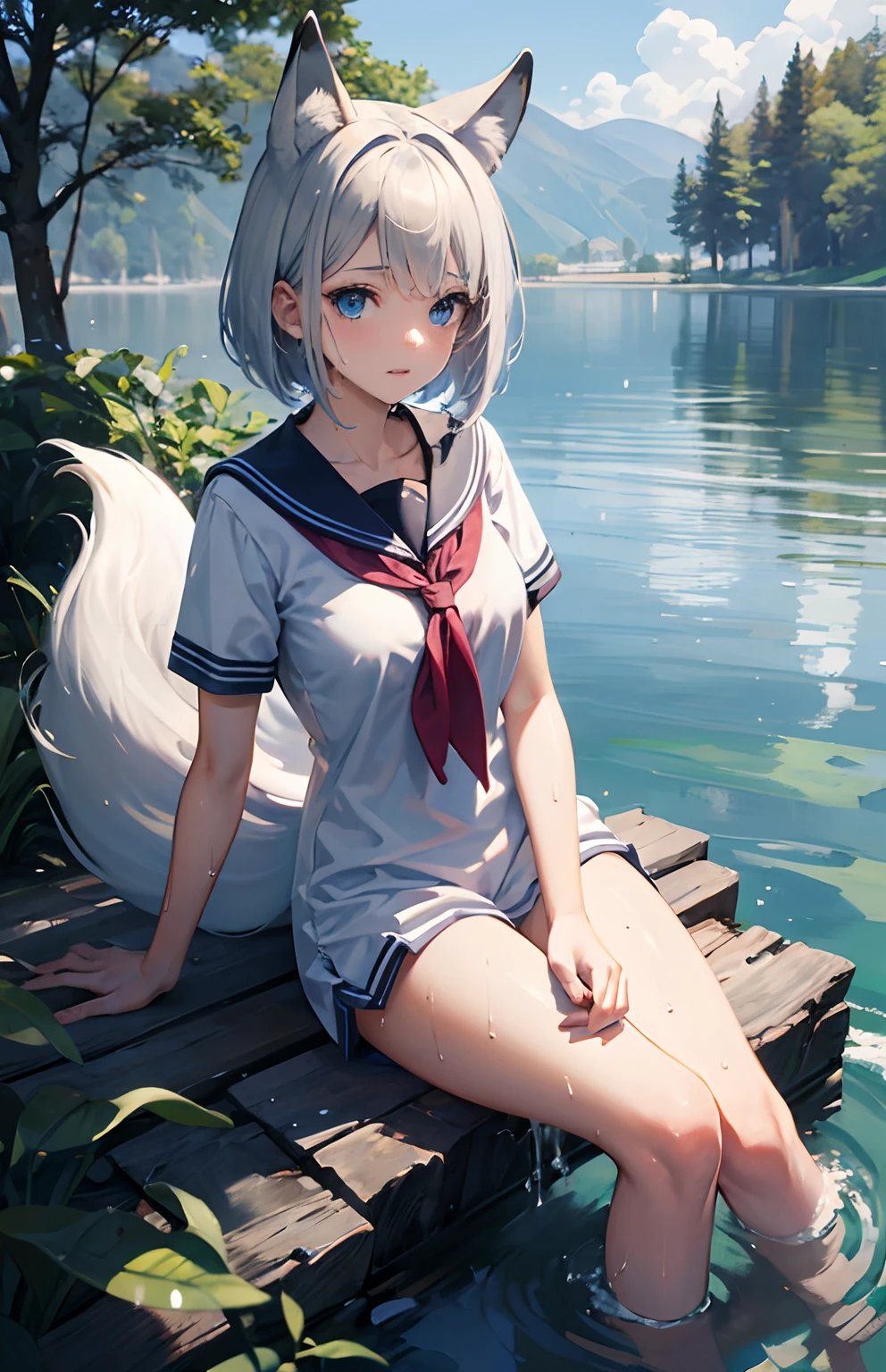 masterpiece,Top image quality,hight resolution,imagem 4k,Raw photo,Photorealsitic,{Solo},s girl,Embarrassment,Silver Short Bob,stare at each other,Wet,Blue eyes,小柄,tits out,Silver fox ears,Fox tail,lake,Bathing in water,boyish,a sailor suit,