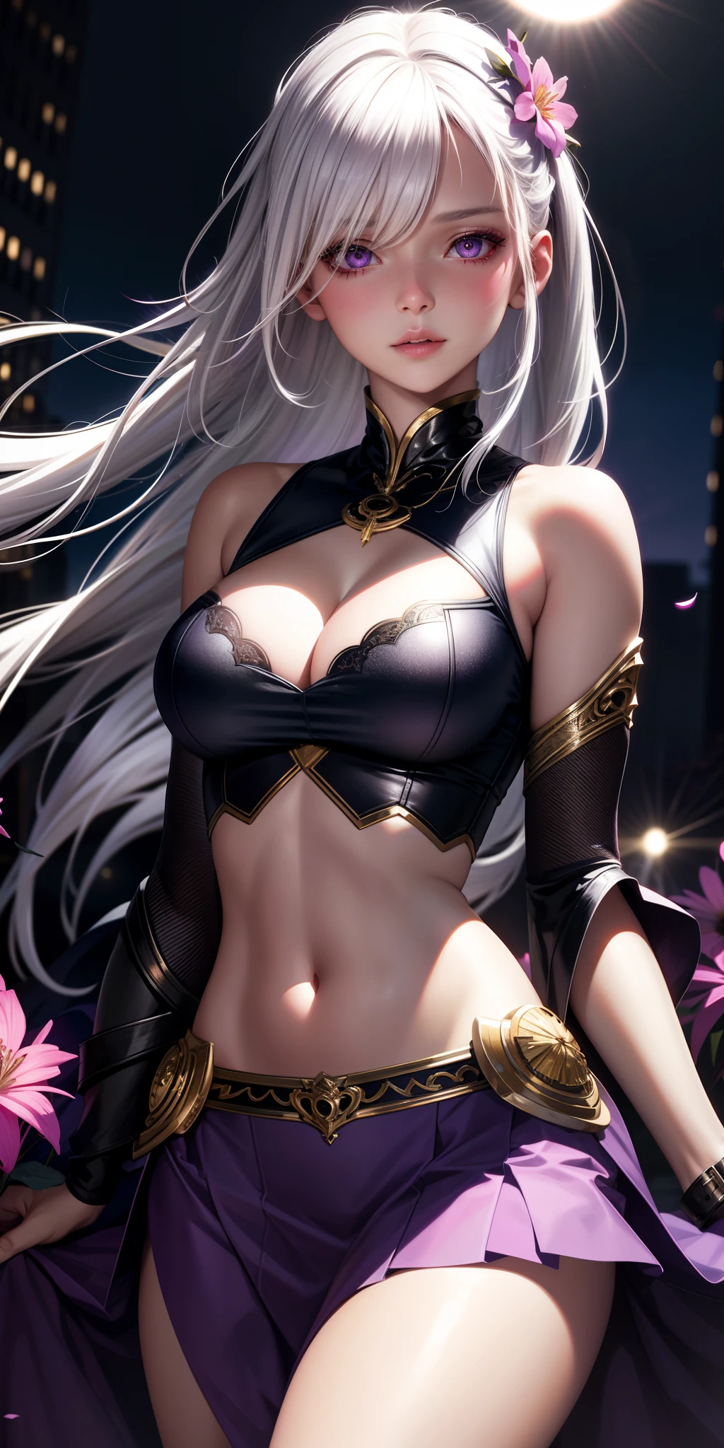 realistic, 1girl, white hair, purple eyes, glowing eyes, crop top, skirt, parted lips, blush, night, flowers, sun, sunlight, cleavage, medium breasts, sexy