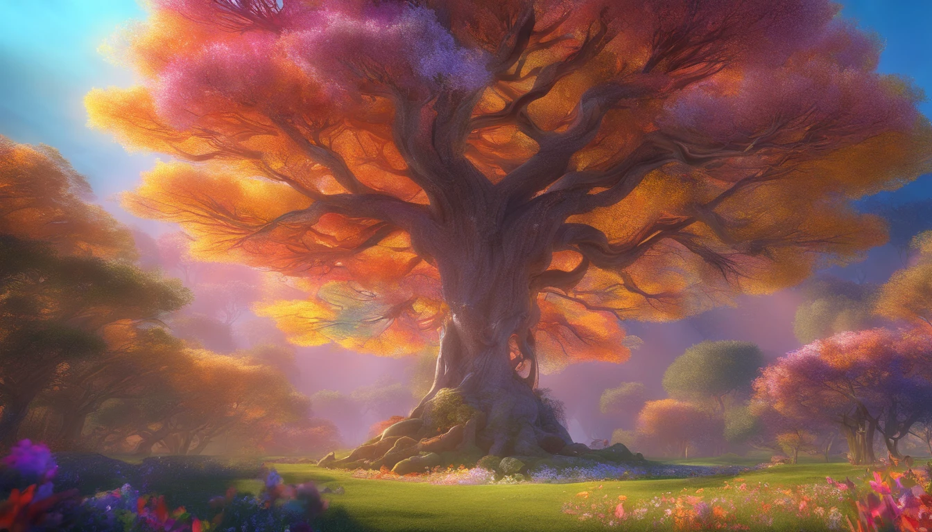In a magical, ethereal realm, A field of wild flowers unfolds before you. Each flower is a masterpiece of nature, with petals that sparkle in magical colors and shapes that defy logic. A delicate violet has petals that resemble crystallized butterfly wings, while a vibrant orange displays spiraling petals that seem to swirl like swirls of fire. No horizonte, a majestic tree rises, Its imposing presence echoing an ancient guardian. Its branches reach out into the sky like the tentacles of a mystical creature, cada um cravejado de gemas brilhantes que irradiam uma luz suave, Creating a Heavenly Vision.