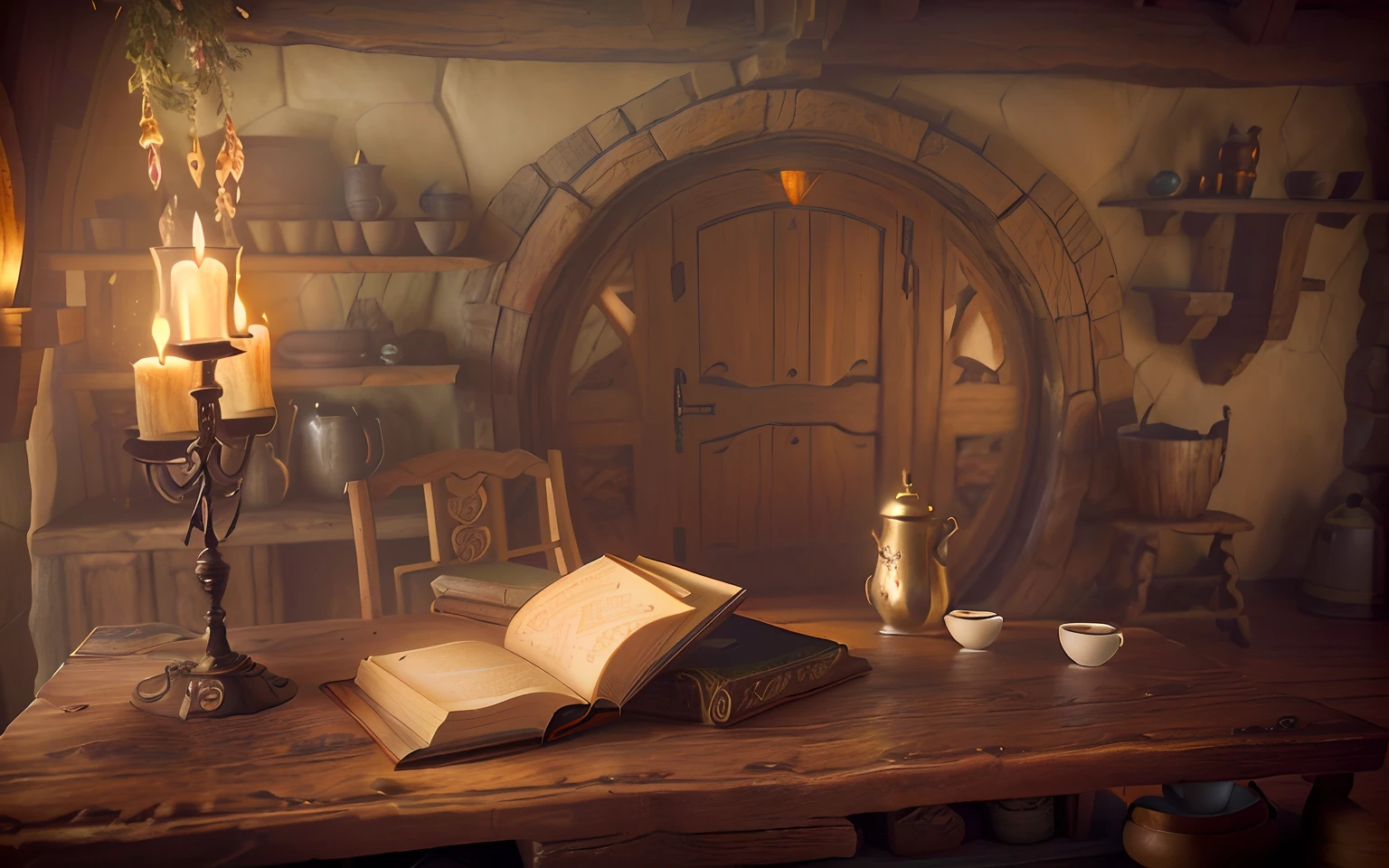 there is a book and a cup of coffee on a table, interior of a hobbit hole, storybook wide shot :: hd, in his hobbit home, detailed cinematic render, realistic fantasy render, brewing potion in witch hut, fantasy bakery interior setting, beautiful render of a fairytale, inside a medieval hobbit home, in fantasy tavern near fireplace, photorealistic cinematic render