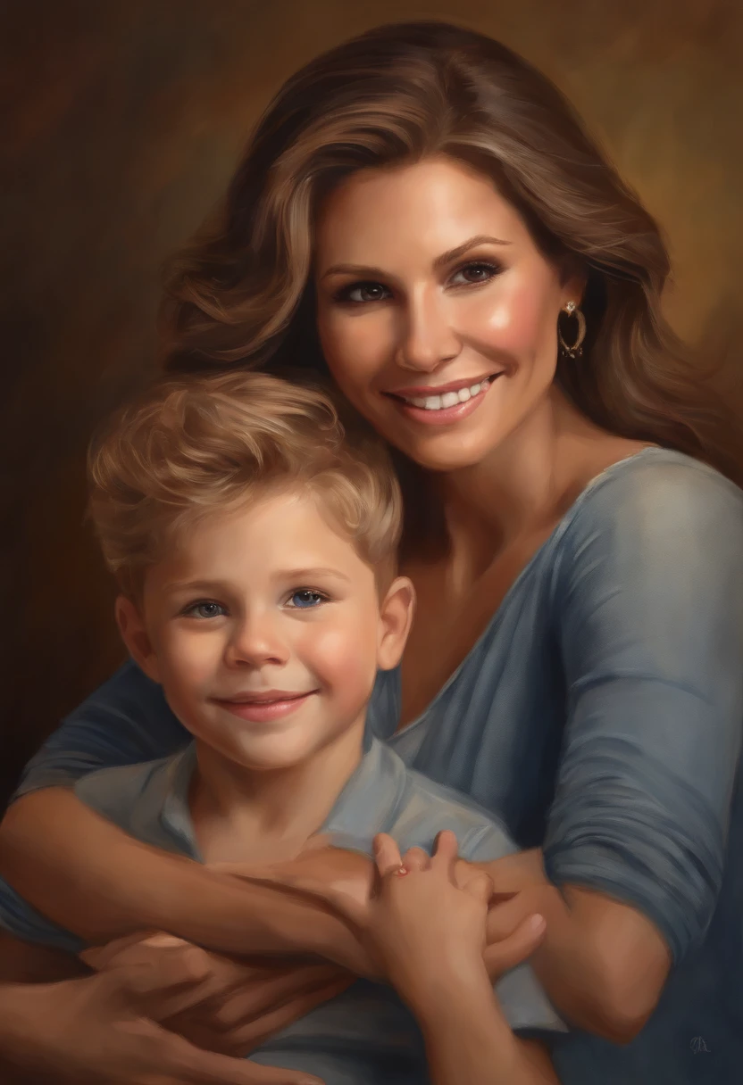 a beautiful boy (4 ) (Jonathan Lipnicki) is in the arms of his mother with the face of Nina Dobrev,illustration,medium,loving mother,adorable boy,happy and relaxed atmosphere,bright colors,soft lighting,high-quality artwork,detailed features,best quality,ultra-detailed,realistic,portrait,painting,classic style,warm color tones,professional,studio lighting