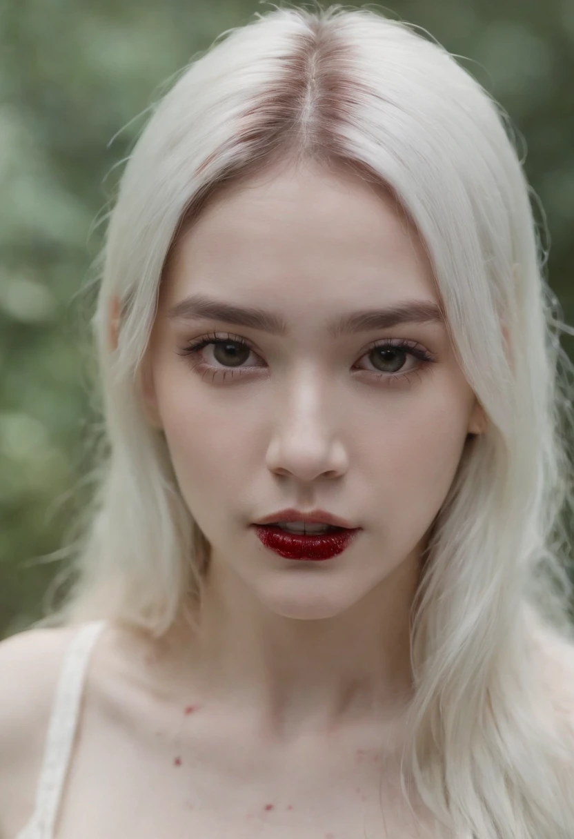 Thailand girl, pale skin, White long hair, There is blood on the cubes, fingers covered in blood, dark moss, high grass ,big boobs, naked