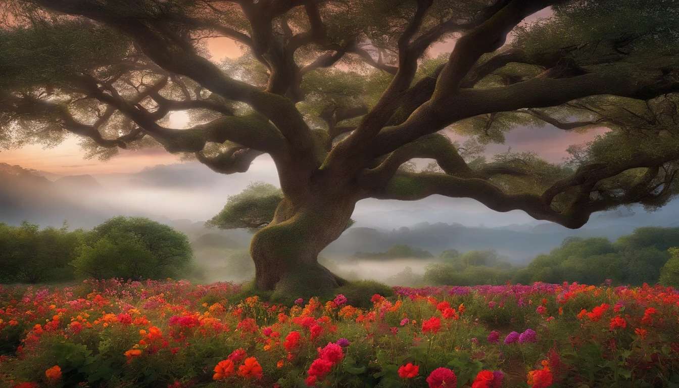 Num mundo de fantasia, A magical garden unfolds before your eyes. A vast field of wildflowers stretches as far as the eye can see, criando um tapete multicor que parece desafiar as leis da natureza. Each flower is unique, its carved petals into abstract shapes and dazzling colors that have no parallel in the real world. As you move through this enchanted garden, Notice a majestic tree that dominates the landscape. This tree is unlike anything you've ever seen, with sinuous branches that reach out towards the sky like the tentacles of an ancient creature. Each branch of the tree glows with a soft, ethereal light, making it the focal point of this magical setting.