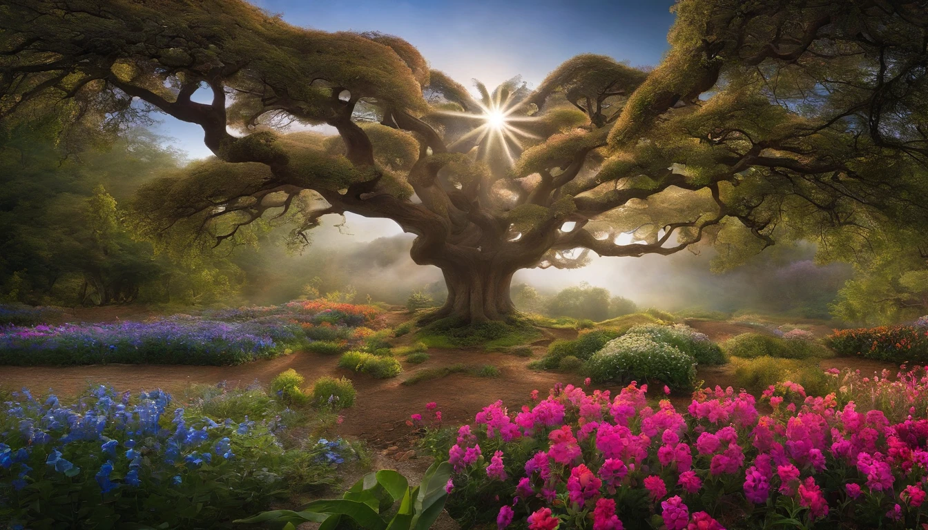 Num mundo de fantasia, A magical garden unfolds before your eyes. A vast field of wildflowers stretches as far as the eye can see, criando um tapete multicor que parece desafiar as leis da natureza. Each flower is unique, its carved petals into abstract shapes and dazzling colors that have no parallel in the real world. As you move through this enchanted garden, Notice a majestic tree that dominates the landscape. This tree is unlike anything you've ever seen, with sinuous branches that reach out towards the sky like the tentacles of an ancient creature. Each branch of the tree glows with a soft, ethereal light, making it the focal point of this magical setting.