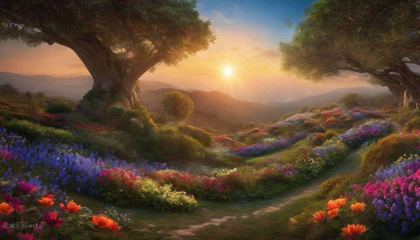 Num mundo de fantasia, A magical garden unfolds before your eyes. A vast field of wildflowers stretches as far as the eye can see, criando um tapete multicor que parece desafiar as leis da natureza. Each flower is unique, its carved petals into abstract shapes and dazzling colors that have no parallel in the real world. As you move through this enchanted garden, Notice a majestic tree that dominates the landscape. This tree is unlike anything you've ever seen, with sinuous branches that reach out towards the sky like the tentacles of an ancient creature. Each branch of the tree glows with a soft, ethereal light, making it the focal point of this magical setting.